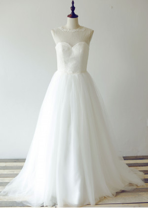 Pearls Beaded Ivory Tulle Modern Wedding Dress